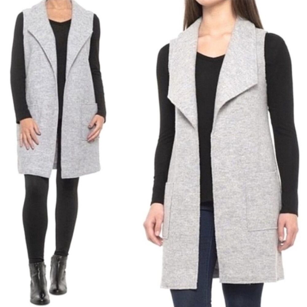 TAHARI Gray Wool Blend Open Front Long Line Sleeveless Wool Blend Cardigan, Sz L